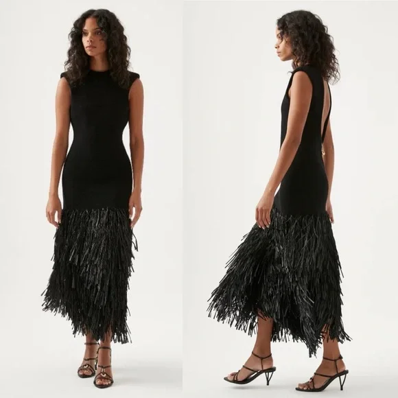 Aje Rushes Raffia Trimmed Ribbed Stretch Knit Dress Black - Picture 10 of 11